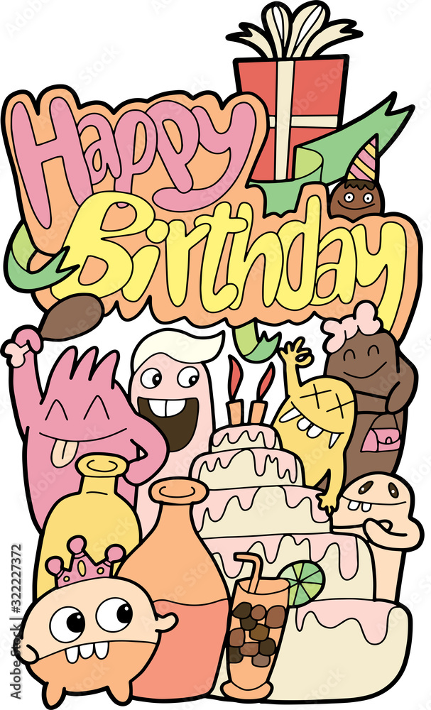 Happy Birthday Hand drawn lines,A cute and fun monster with many colors. Happy Birthday Hand drawn lines,A cute and fun monster with many colors.