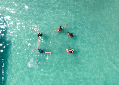 aerial drone top bottom picture with a group of friends enjoying their time on a beach with pristine water at Panama photo