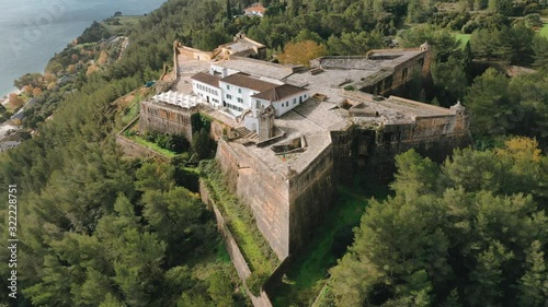 Aerial view of fortress Sao Felipe in Setubal Portugal, star shaped military base protecting the city and the harbor with bastions