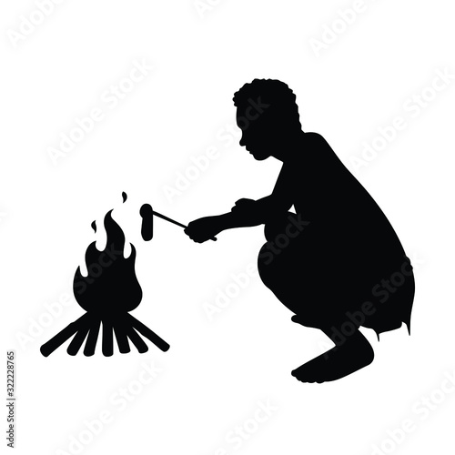 Ancient human with bonfire silhouette vector