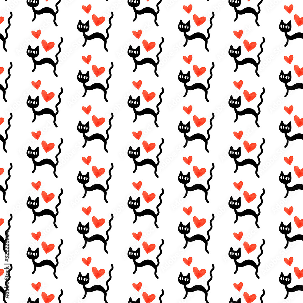 Cute seamless pattern with hearts and cats. Romantic texture for backgrounds, wrapping paper, packaging, greeting cards, prints, covers, fabric, textile, birthday, Valentine's Day