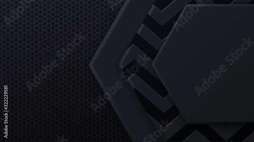 Black honeycomb tiles. Hexagon geometry pattern. Minimal black background of honeycomb for modern cover, ad baner, web.