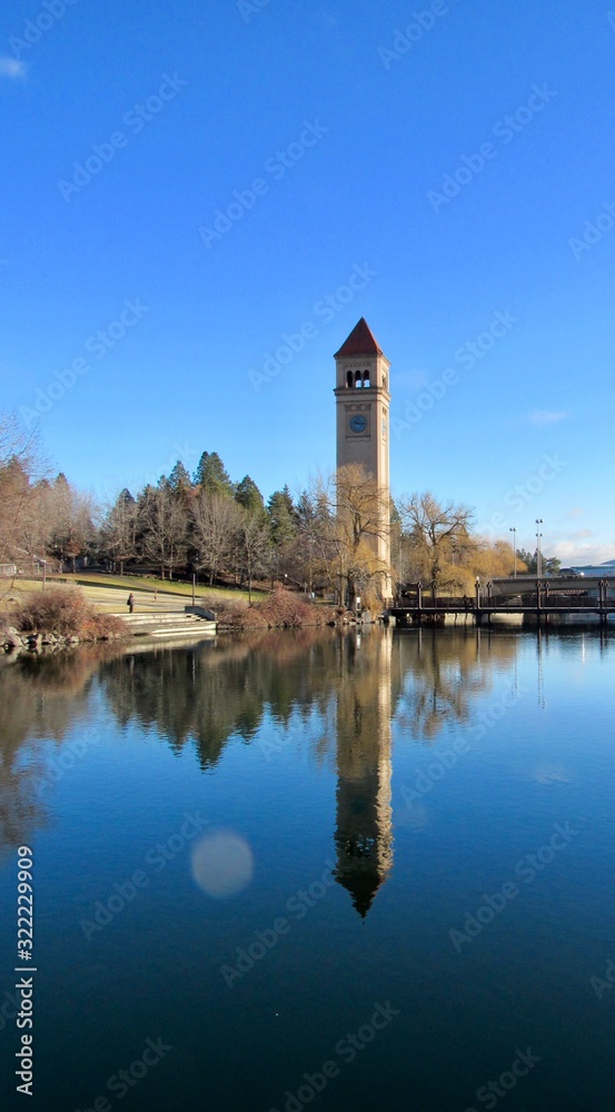 Spokane Washington Historic Landmark Clock Tower with Spokane River in Foreground