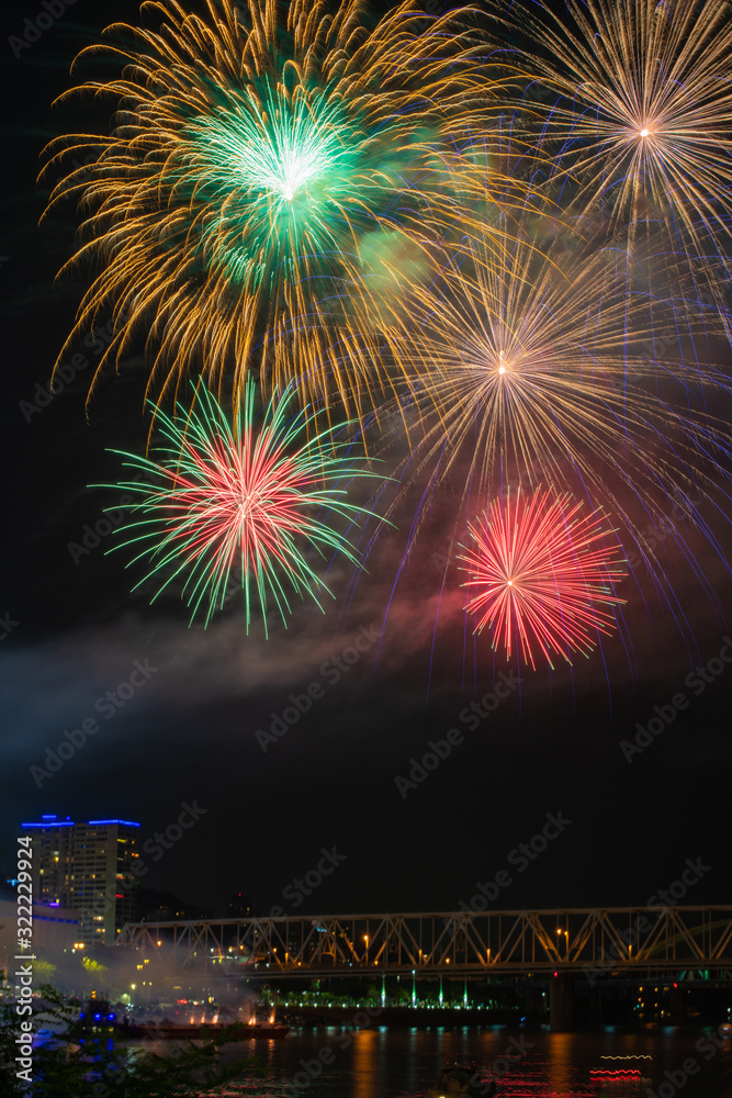 Obraz premium fireworks against a black sky background over a river and a bridge.