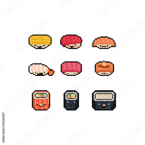Pixel art cute cartoon sushi charactger set.