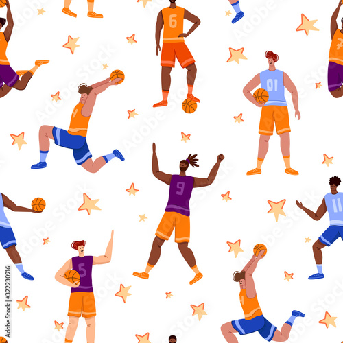 Basketball players seamless pattern - muscular people with ball run and jump, sport team traning, endless texture or background for textile, digital paper or wrap - vector illustration