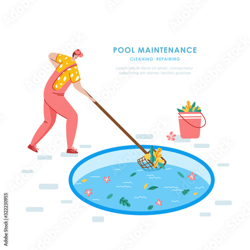 Swimming pool maintenance or cleaning service, young man in uniform cleans swimming pool and collects trash, worker with lump or net - flat vector banner or landing for website, landing, banner