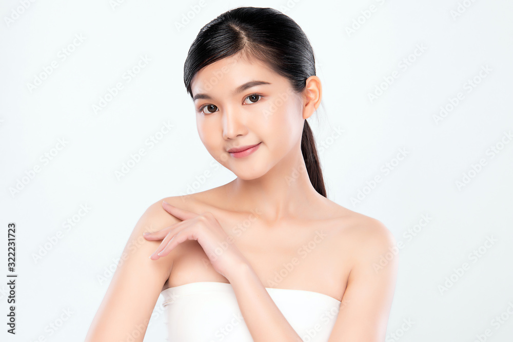 Portrait beautiful young asian woman clean fresh bare skin concept. Asian girl beauty face skincare and health wellness, Facial treatment, Perfect skin, Natural makeup, on white background,two Portrait beautiful young asian woman clean fresh bare skin concept. Asian girl beauty face skincare and health wellness, Facial treatment, Perfect skin, Natural makeup, on white background,two