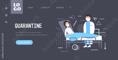 coronavirus infect control diagnosis concept doctor in mask examining illness patient lying in bed epidemic MERS-CoV wuhan 2019-nCoV quarantine concept horizontal copy space full length vector