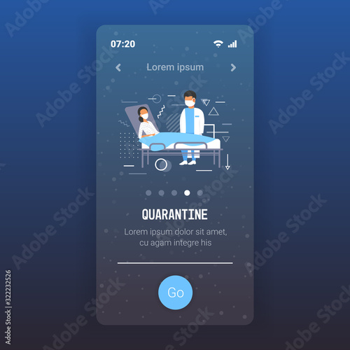 coronavirus infect control diagnosis concept doctor in mask examining illness patient lying in bed epidemic MERS-CoV wuhan 2019-nCoV quarantine concept mobile app copy space full length vector