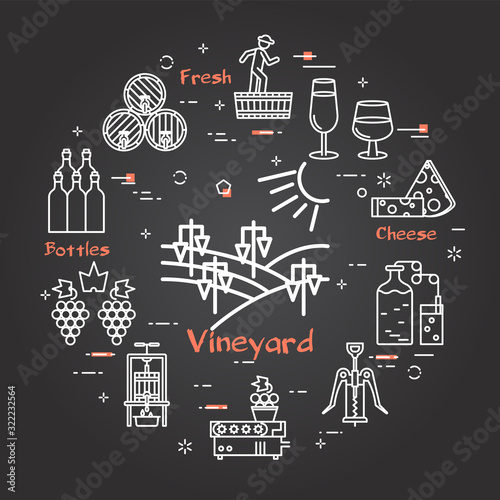 Vector black square banner of winemaking concept - vineyard plant