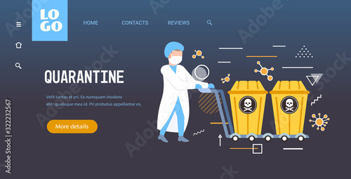 scientist in mask pushing biohazard containers with skull and bones on trolley stop coronavirus epidemic MERS-CoV concept wuhan 2019-nCoV pandemic health risk full length horizontal copy space vector