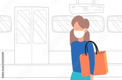 woman subway passenger wearing mask protection against influenza epidemic MERS-CoV wuhan 2019-nCoV pandemic health risk public transport portrait horizontal vector illustration