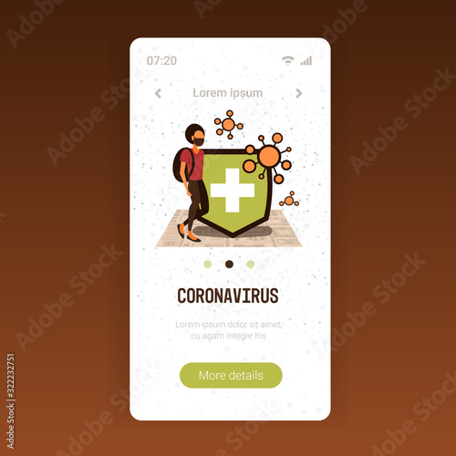 epidemic MERS-CoV floating influenza woman wearing mask to prevent wuhan coronavirus 2019-nCoV virus protection concept pandemic medical health risk mobile app copy space full length vector
