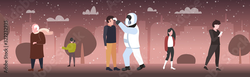 man in hazmat suit checking temperature of people walking outdoor spreading coronavirus infection epidemic MERS-CoV virus wuhan 2019-nCoV pandemic health risk concept full length horizontal vector