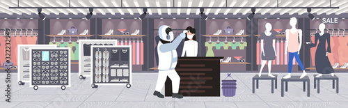 man in hazmat suit checking temperature of woman seller spreading coronavirus infection epidemic MERS-CoV virus wuhan 2019-nCoV pandemic health risk concept full length horizontal vector illustration