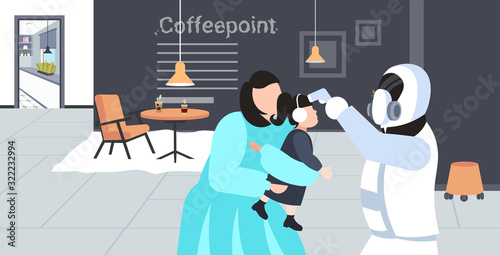 man in hazmat suit checking temperature of mother and daughter cafe visitors coronavirus infection epidemic MERS-CoV virus wuhan 2019-nCoV pandemic health risk concept portrait horizontal vector