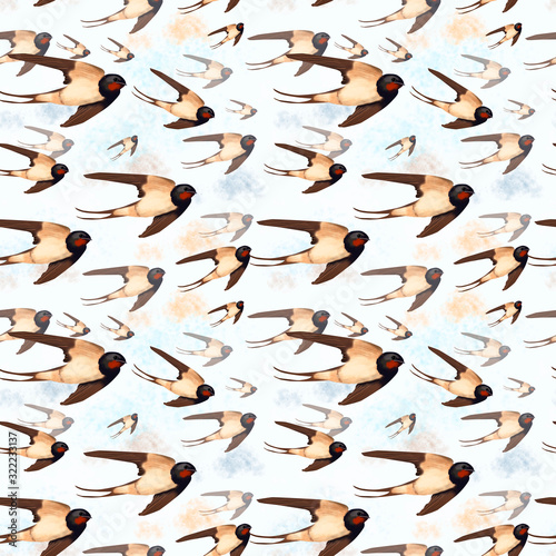 Swallows in flight, seamless pattern on a white background