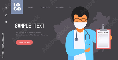 coronavirus infect control diagnosis concept doctor in mask holding quarantine clipboard epidemic MERS-CoV wuhan 2019-nCoV horizontal copy space portrait vector illustration