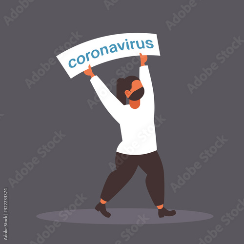 epidemic MERS-CoV woman in protective mask holding banner stop coronavirus concept wuhan 2019-nCoV pandemic health risk full length vector illustration