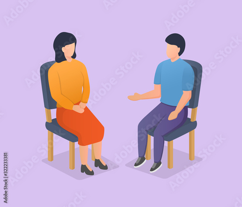 man and woman discussion sharing session on chair with modern isometric style
