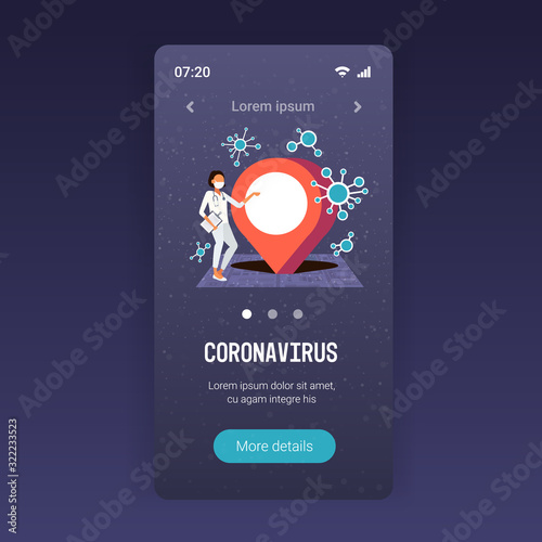 epidemic MERS-CoV doctor using mobile navigation app location pin disease spread coronavirus infection wuhan 2019-nCoV pandemic health risk city map full length copy space vector illustration