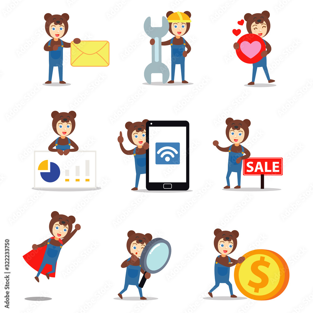 Set character of woman on bear costume with soft fur. Set character of woman on bear costume with soft fur.