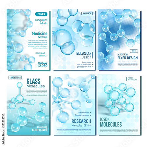 Scientific Dna Research Cover Design Set Vector. Collection Of Medical Science Molecule Research Report Banners. Molecular Compound Microbiology Template Realistic 3d Illustrations