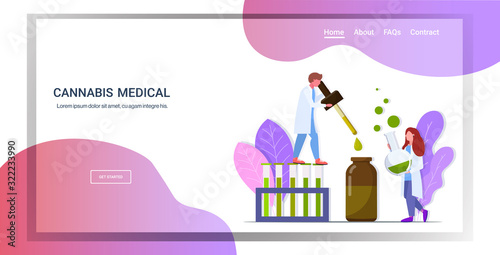 scientists couple testing cbd hemp oil extracted from a marijuana plant medical cannabis pharmaceutical industry concept horizontal copy space full length flat vector illustration