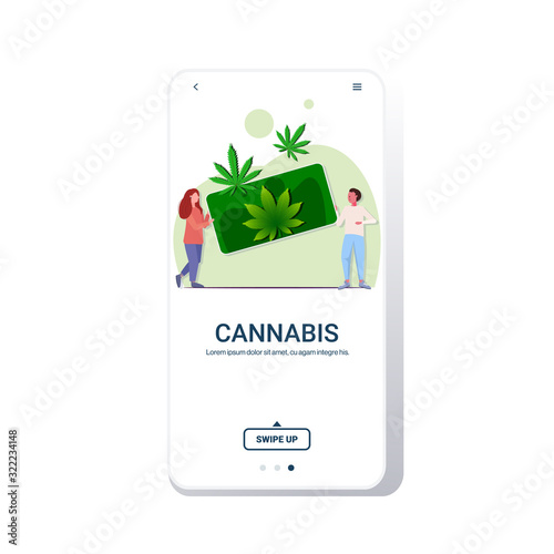 man woman holding smartphone with cannabis leaves people ordering marijuana drug consumption online hemp plant order concept mobile app full length copy space vector illustration