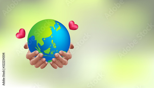 Earth day save our planet concept. Human hands holding globe with bokeh blur background. World environment day. go green. realistic 3d style. greeting , banner, celebration vector illustration
