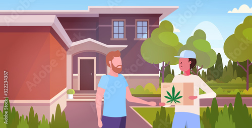 courier giving box with medical marijuana to client cannabis delivery service drug consumption concept horizontal portrait vector illustration