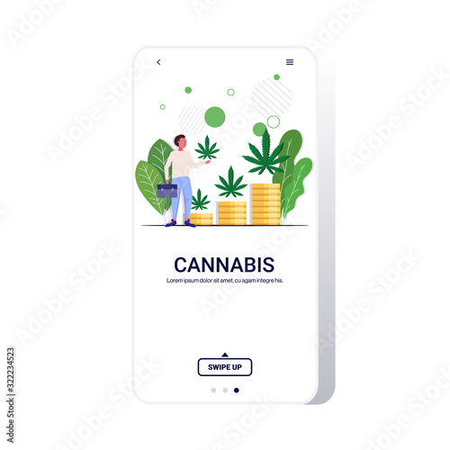 businessman holding cannabis leaf hemp plants growing on stacks of money coins marijuana business drug consumption concept full length copy space mobile app smartphone screen vector illustration