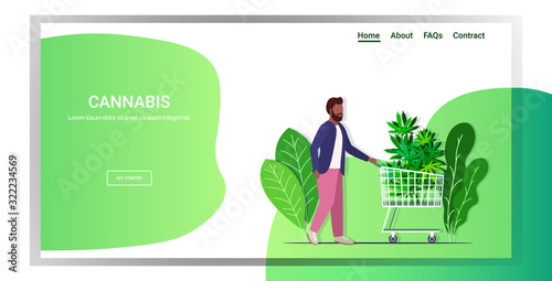 man pushing shopping cart with cannabis marijuana leaves hemp plant ordering drug consumption concept copy space full length horizontal vector illustration