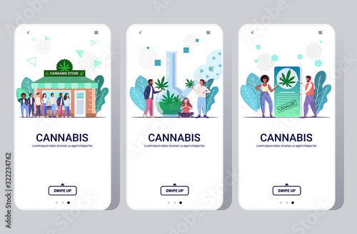 set people using marijuana cannabis drug consumption concept mobile app smartphone screens collection full length horizontal copy space vector illustration