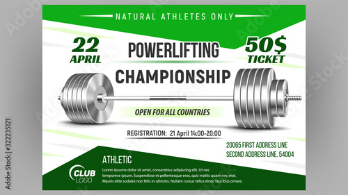 Powerlifting Championship Advertise Poster Vector. Barbell Weightlifting Sport Equipment For Powerlifting. Glossy Silver Heavy Weight Iron Tool For Strength Training Template Realistic 3d Illustration
