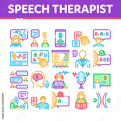 Speech Therapist Help Collection Icons Set Vector. Speech Therapist Therapy, Alphabet And Blackboard, Phone And Microphone Concept Linear Pictograms. Color Contour Illustrations