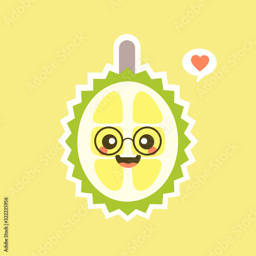 Funny and kawaii durian fruits. Cute Durian character with face expression and emoji . Vector illustration. Use for card, poster, banner, web design and print on t-shirt. Easy to edit.