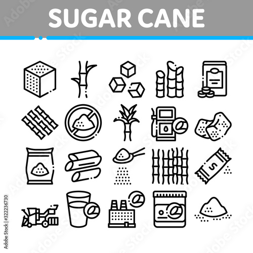 Sugar Cane Agriculture Collection Icons Set Vector. Sugar Cubes And Package, Agricultural Harvest, Plant Building And Sweet Water Cup Concept Linear Pictograms. Monochrome Contour Illustrations