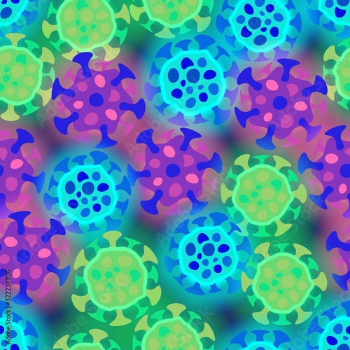 Hand-drawn microorganisms and viruses with glowing effect seamless pattern