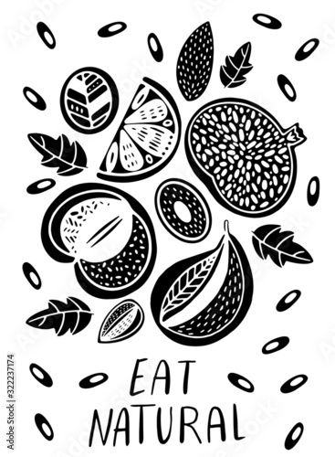 Vector black cartoon fruit-pomegranate, lemon, lime, pear, apple, almond and phrases - eat natural. isolated on white background. Great for fabric, textile, wrapping paper and card. 