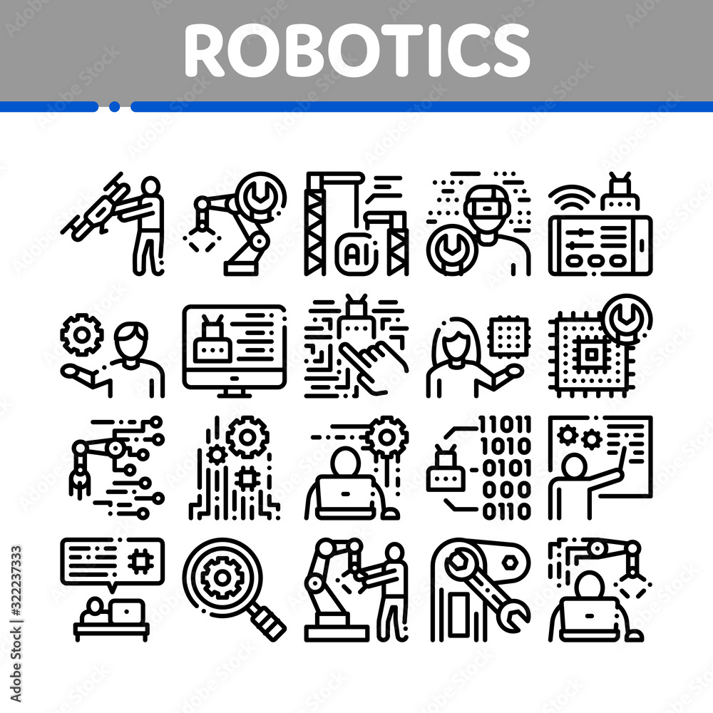 Robotics Master Collection Icons Set Vector. Human Worker With Drone And Robot Machine, Robotics Artificial Intelligence And Binary Code Concept Linear Pictograms. Monochrome Contour Illustrations