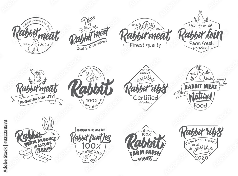 Fototapeta premium Set of vintage Rabbit and meat emblems and stamps. Farm meat badges, templates and stickers isolated on white background.