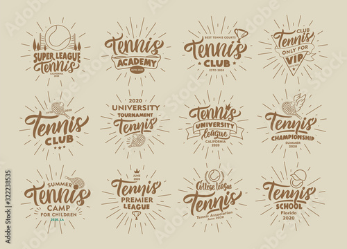 Set of vintage Tennis emblems and stamps. Sport badges, templates and stickers for Tennis club, school.
