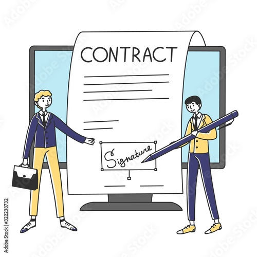 Business people signing online contract with electronic signature vector illustration. Managers signing digital official paper. People reaching formal agreement.