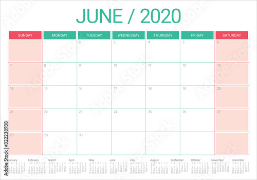 June 2020 desk calendar vector illustration
