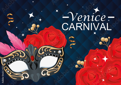 venice carnival and mask with flowers roses vector illustration design