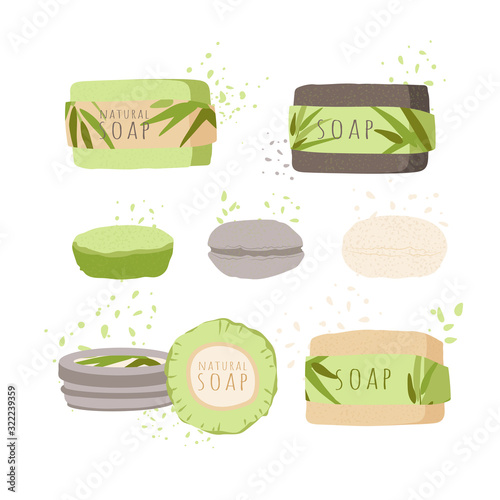Zero Waste Vector Cartoon Set of Natural Organic Soap - green Bamboo piece, Charcoal grey and brown soap, Hand Made SPA and home hygiene product for clean and natural life
