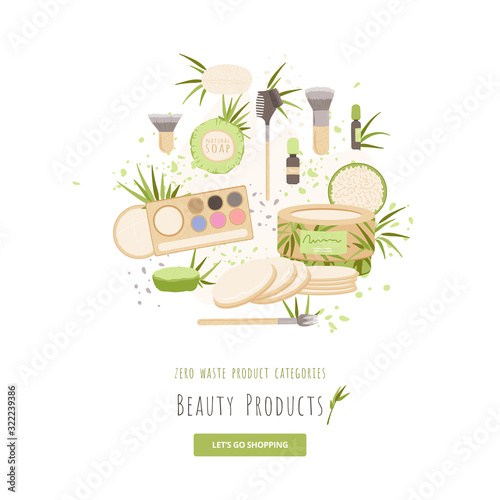 Vector set of beauty and hygiene Zero Waste Products for product Category illustration. Brush, natural soap, organic package, menstrual cloths, pads and makeup accessories with bamboo, cotton.