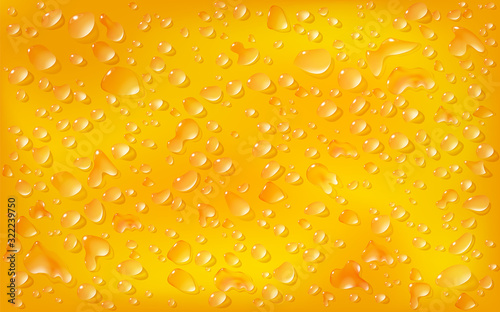 Realistic orange background, rectangular surface. Transparent droplets range of liquid lie on on motley backdrop. Clean water drops. Vector illustration